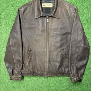 Columbia Men's Brown Leather Plaid lined Zip Workwear Jacket